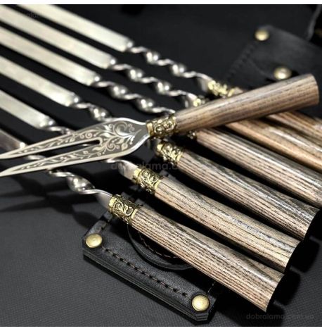 Набір шампурів «Трапеція» з виделкою (у шкіряному сагайдаку)