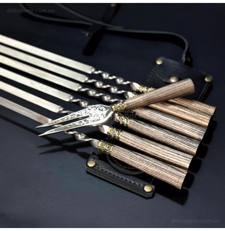Набір шампурів «Трапеція» з виделкою (у шкіряному сагайдаку)