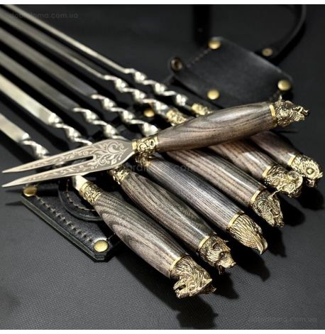 Набір шампурів «Дикі звірі ясен» з виделкою (у шкіряному сагайдаку)