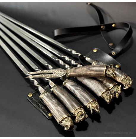 Набір шампурів «Ножові ясен» з виделкою (у шкіряному сагайдаку)