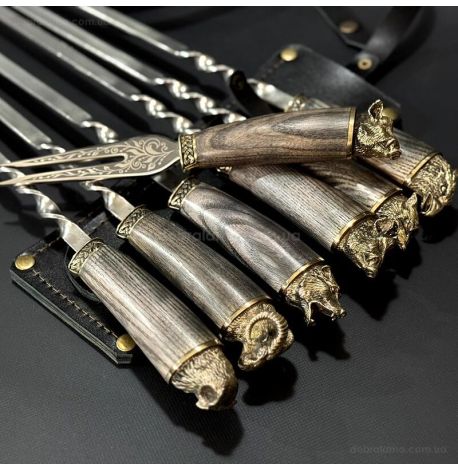 Набір шампурів «Ножові ясен» з виделкою (у шкіряному сагайдаку)