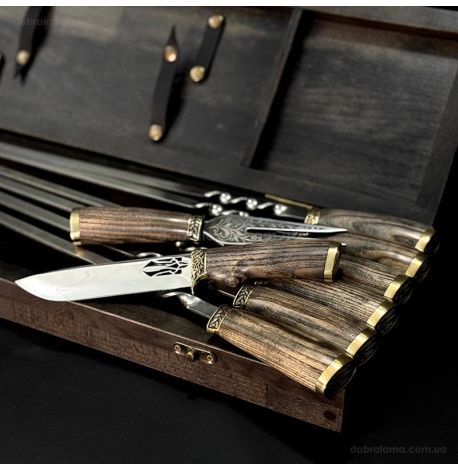 Набір для шашлику «Тризуб» з ножем і виделкою (в дерев'яному кейсі)