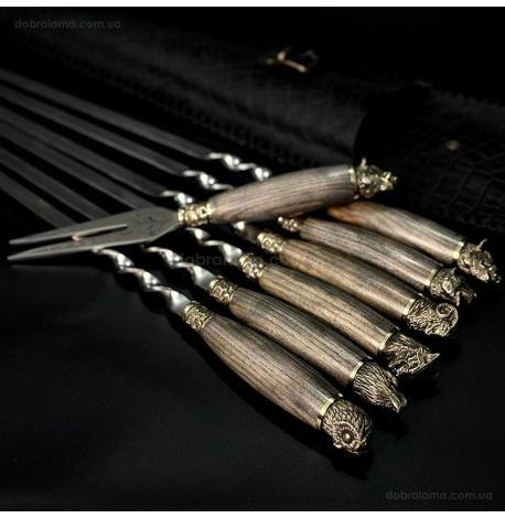 Набір шампурів «Мисливський ясен» з виделкою (в шкіряному закритому сагайдаку)