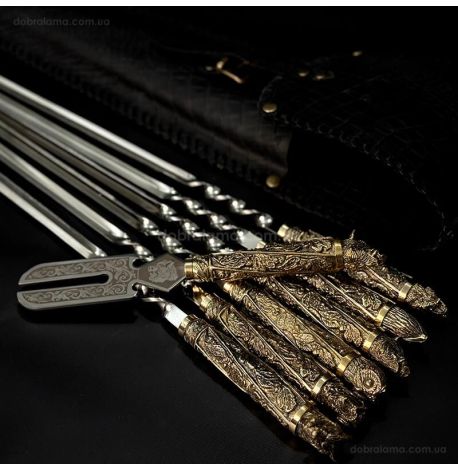 Набір шампурів «Дикі звірі» з виделкою (в шкіряному закритому сагайдаку)