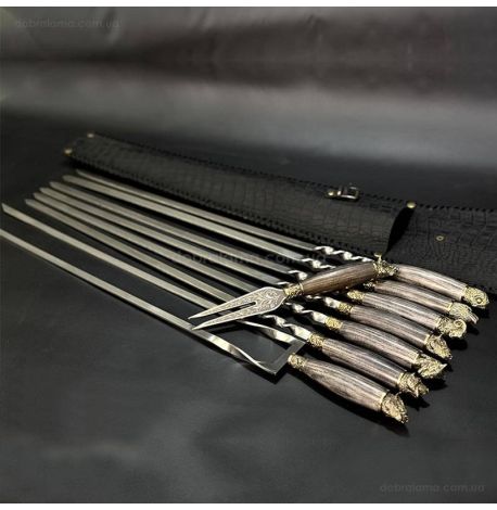 Набір шампурів «Мисливський ясен» з виделкою та подвійним шампуром (в шкіряному закритому сагайдаку)