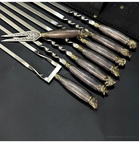 Набір шампурів «Мисливський ясен» з виделкою та подвійним шампуром (в шкіряному закритому сагайдаку)