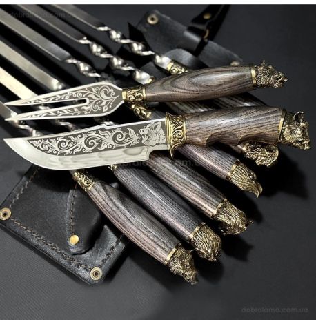 Набір шампурів «Мисливський ясен» з ножем і виделкою (в шкіряному сагайдаку)