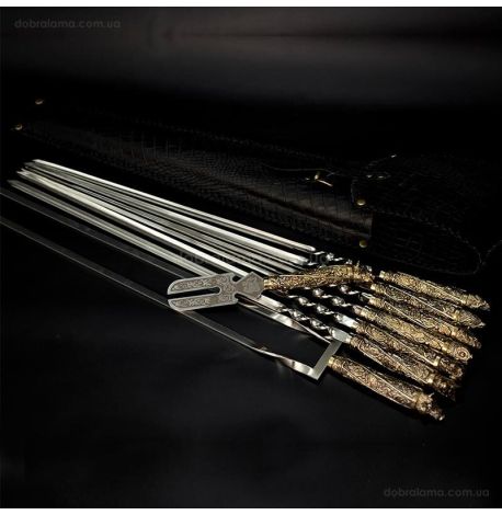 Набір шампурів "Дикі звірі" з виделкою та подвійним шампуром (в шкіряному закритому сагайдаку)