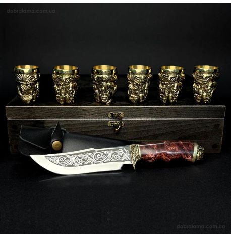 Подарочный набор для мужчин «Козацька рада» (6 бронзовых стопок, нож) в деревянном кейсе