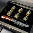 Подарочный набор для мужчин «Козацька рада» (6 бронзовых стопок, нож) в деревянном кейсе