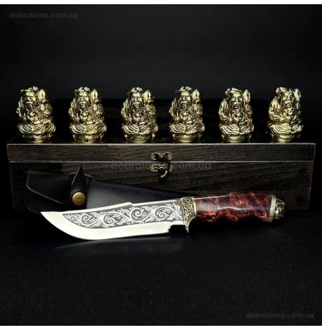 Подарочный набор для мужчин «Козацька рада» (6 бронзовых стопок, нож) в деревянном кейсе