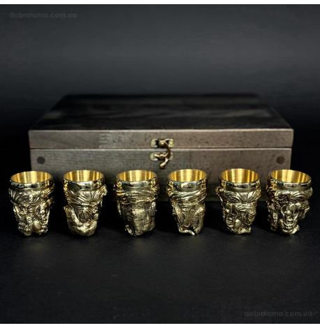 Набор бронзовых стопок «Козацька рада» (6 шт) в деревянной коробке