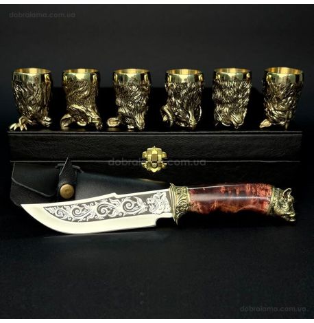 Подарунковий набір для чоловіків «Мисливський» (6 бронзових чарок, ніж)