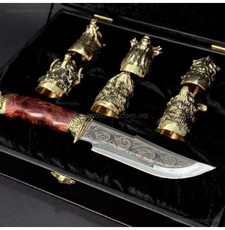 Подарунковий набір для чоловіків «Мисливський» (6 бронзових чарок, ніж)