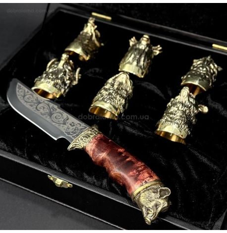 Подарунковий набір для чоловіків «Мисливський» (6 бронзових чарок, ніж)