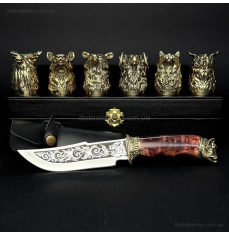 Подарунковий набір для чоловіків «Мисливський» (6 бронзових чарок, ніж)