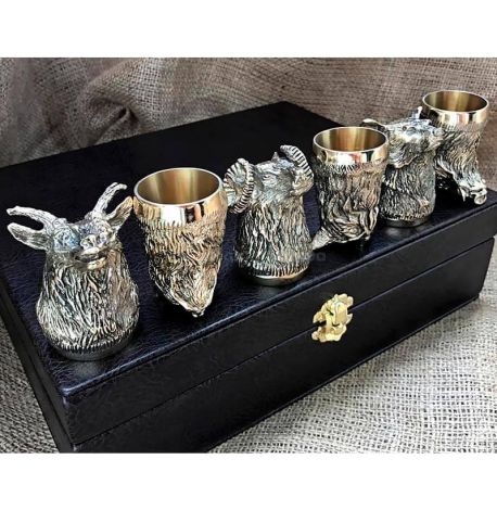 Набор бронзовых стопок «Охотничий» (6 шт) в кейсе из экокожи