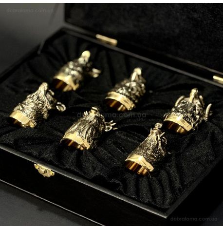 Набор бронзовых стопок «Охотничий» (6 шт) в кейсе из экокожи