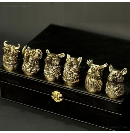 Набор бронзовых стопок «Охотничий» (6 шт) в кейсе из экокожи