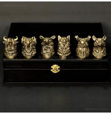 Набор бронзовых стопок «Охотничий» (6 шт) в кейсе из экокожи