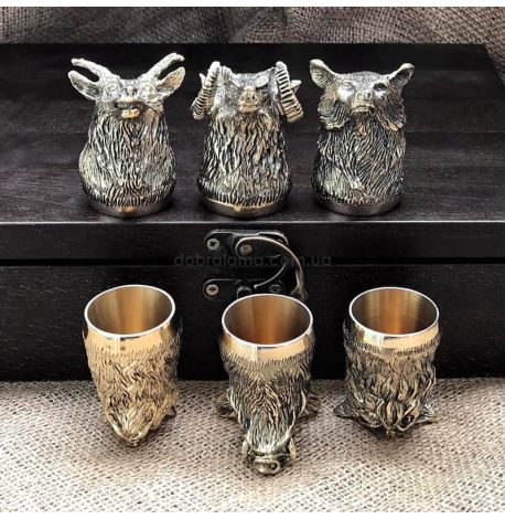 Набор бронзовых стопок «Охотничий» (6 шт) в деревянной коробке