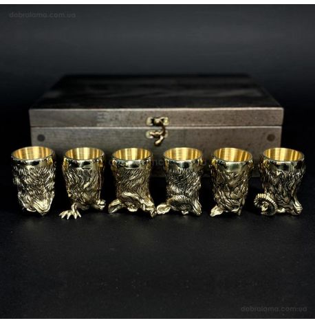 Набор бронзовых стопок «Охотничий» (6 шт) в деревянной коробке