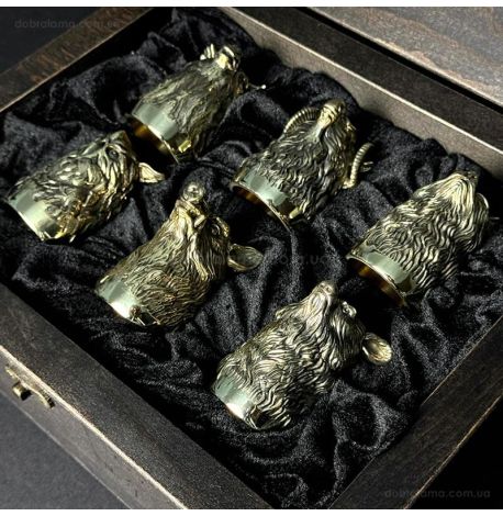 Набор бронзовых стопок «Охотничий» (6 шт) в деревянной коробке