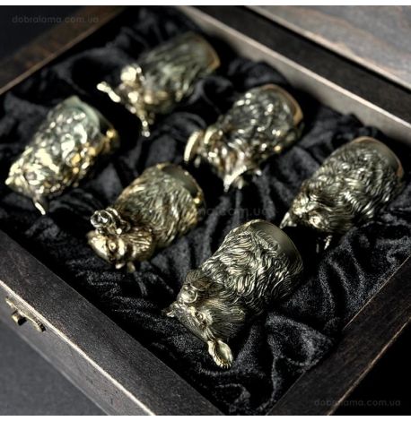 Набор бронзовых стопок «Охотничий» (6 шт) в деревянной коробке