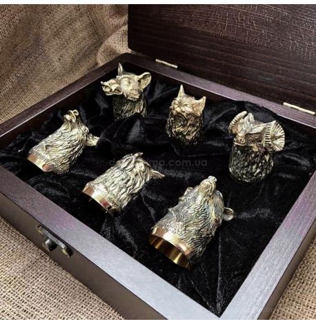 Набор бронзовых стопок «Охотничий» (6 шт) в деревянной коробке