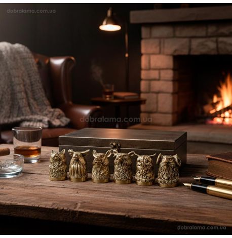 Набор бронзовых стопок «Охотничий» (6 шт) в деревянной коробке