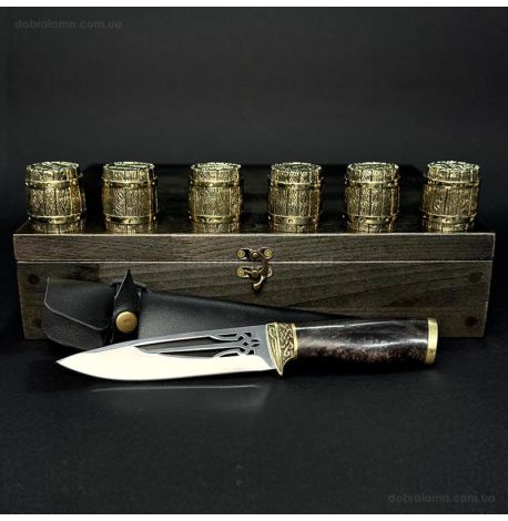 Подарунковий набір для чоловіків «Бочка» (6 бронзових чарок, ніж) в дерев'яному кейсі