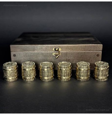 Набір бронзових чарок «Бочка» (6 шт) в дерев'яній коробці