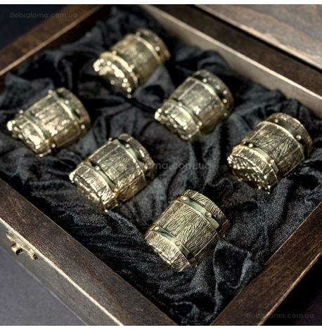 Набір бронзових чарок «Бочка» (6 шт) в дерев'яній коробці