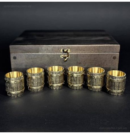 Набір бронзових чарок «Бочка» (6 шт) в дерев'яній коробці