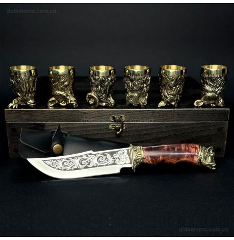 Подарочный набор для мужчин «Охотничий» (6 бронзовых стопок, нож) в деревянном кейсе