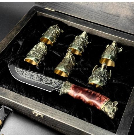 Подарочный набор для мужчин «Охотничий» (6 бронзовых стопок, нож) в деревянном кейсе