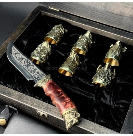 Подарочный набор для мужчин «Охотничий» (6 бронзовых стопок, нож) в деревянном кейсе