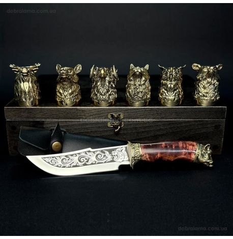 Подарочный набор для мужчин «Охотничий» (6 бронзовых стопок, нож) в деревянном кейсе