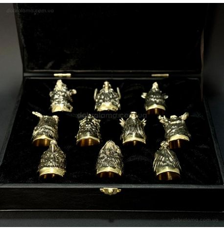 Набір бронзових чарок «Мисливський» (10 шт) в кейсі з екошкіри