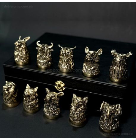 Набір бронзових чарок «Мисливський» (10 шт) в кейсі з екошкіри