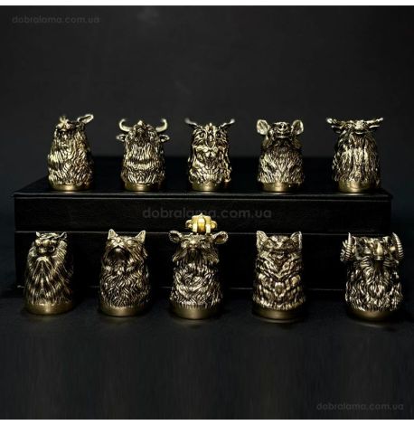 Набір бронзових чарок «Мисливський» (10 шт) в кейсі з екошкіри