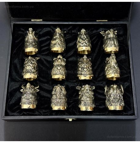 Набір бронзових чарок «Мисливські» (12 шт) в кейсі з екошкіри