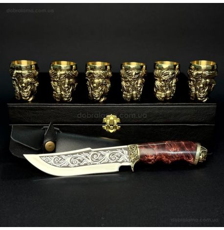 Подарочный набор для мужчин «Козацька рада» (6 бронзовых стопок, нож) в кейсе из экокожи