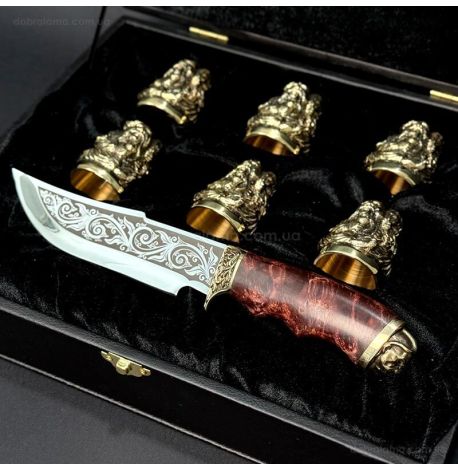 Подарочный набор для мужчин «Козацька рада» (6 бронзовых стопок, нож) в кейсе из экокожи