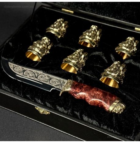 Подарочный набор для мужчин «Козацька рада» (6 бронзовых стопок, нож) в кейсе из экокожи