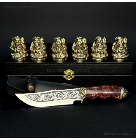 Подарочный набор для мужчин «Козацька рада» (6 бронзовых стопок, нож) в кейсе из экокожи