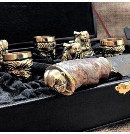 Подарочный набор для мужчин «Козацька рада» (6 бронзовых стопок, нож) в кейсе из экокожи