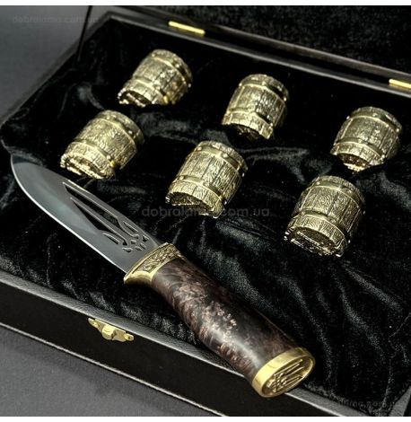 Подарочный набор для мужчин «Бочка» (6 бронзовых рюмок, нож) в кейсе из экокожи