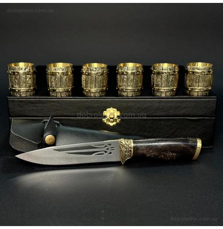 Подарочный набор для мужчин «Бочка» (6 бронзовых рюмок, нож) в кейсе из экокожи