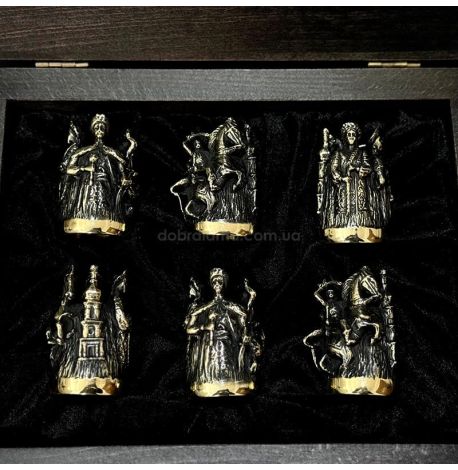 Набор бронзовых стопок «Київська Русь» (6 шт) в деревянной коробке